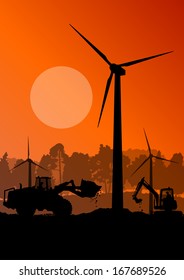Wind electricity generators with electricity engineers in countryside field construction site landscape illustration background vector