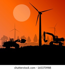Wind electricity generators with excavator loaders in countryside field construction site landscape illustration background vector