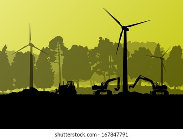 Wind electricity generators with excavator loaders and bulldozer in countryside forest field construction site landscape illustration background vector