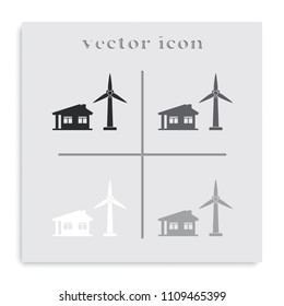 Wind electricity generators with house flat black and white vector icon.