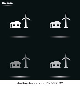 Wind electricity generators with house flat grayscale vector icon.