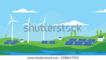 Wind electricity generators and solar panels, nature landscape, Renewable energy power concept