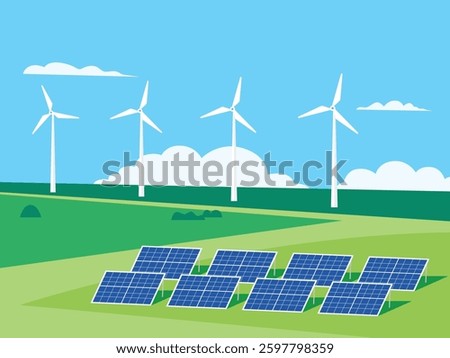 Wind electricity generators and solar panels, nature landscape, Renewable energy power