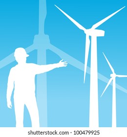 Wind electricity generators vector background with engineer