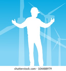 Wind electricity generators vector background with engineer