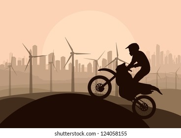 Wind electricity generators, windmills and all terrain motorcycle in desert city landscape ecology illustration background vector
