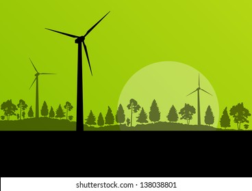 Wind electricity generators and windmills in countryside forest nature landscape ecology illustration background vector