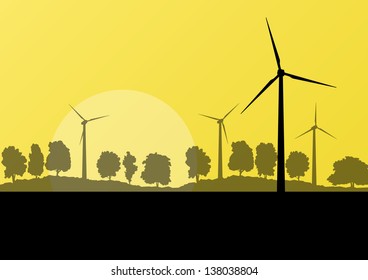 Wind electricity generators and windmills in countryside forest nature landscape ecology illustration background vector