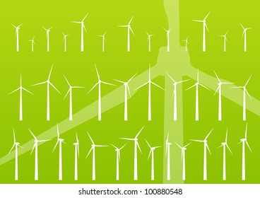 Wind electricity generators and windmills detailed editable ecology silhouettes illustration collection background vector