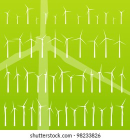 Wind electricity generators and windmills detailed editable ecology silhouettes illustration collection background vector