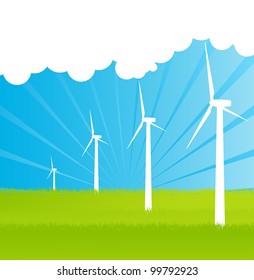 Wind electricity generators and windmills detailed editable ecology silhouettes illustration landscape background vector