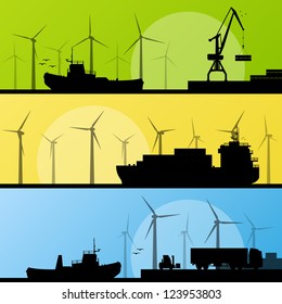 Wind electricity generators and windmills lin ocean and sea harbor landscape ecology illustration background vector