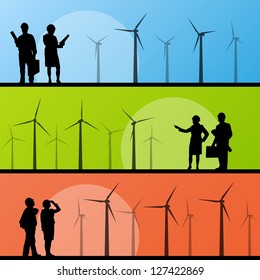 Wind electricity generators and windmills with men and women engineers in landscape ecology illustration background vector