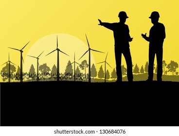 Wind electricity generators and windmills with men engineers in countryside forest nature landscape ecology illustration background vector