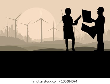 Wind electricity generators, windmills with men engineers in arabic desert skyscraper city landscape ecology illustration background vector