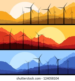 Wind electricity generators and windmills in mountain desert nature landscape ecology illustration background vector