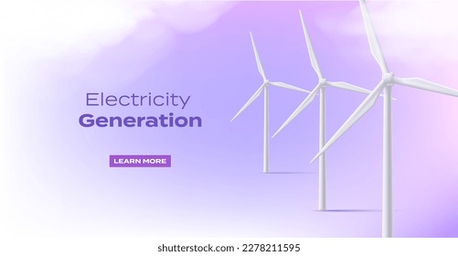 Wind electro station 3d illustration, promo banner with mills high in the sky with clouds on violet backdrop