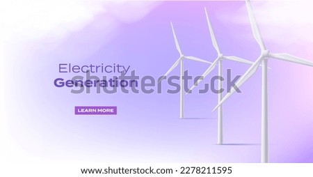 Wind electro station 3d illustration, promo banner with mills high in the sky with clouds on violet backdrop