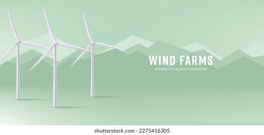 Estación eléctrica eólica en las montañas, banner de ilustración 3d, estilo de representación realista, energía verde