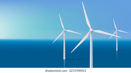 Wind electro station in the ocean 3d illustration, realistic render style, green energy