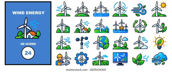 Wind energy 3D icon collection featuring wind turbines, wind farms, clean electricity, renewable power generation, sustainable technology, and green energy