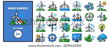 Wind energy 3D icon collection featuring wind turbines, wind farms, clean electricity, renewable power generation, sustainable technology, and green energy