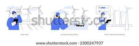 Wind energy abstract concept vector illustration set. Wind farm, offshore turbine energy, green energy engineering and maintenance, alternative electricity power station abstract metaphor.