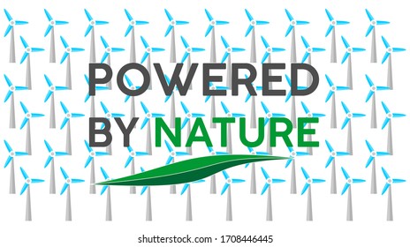 Wind energy background with wind turbine icon and powered by nature text vector vintage