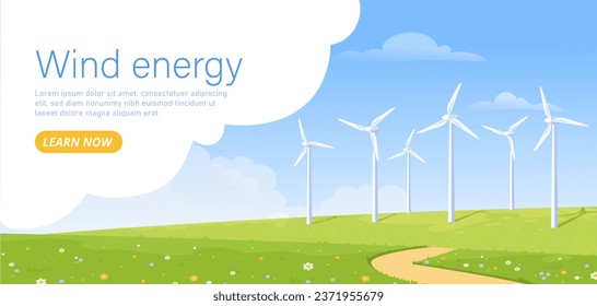 Wind energy banner. Windmills and turbines at spring lawn. Care about nature and ecology. Alternative sources of energy and sustainable lifestyle. Cartoon flat vector illustration