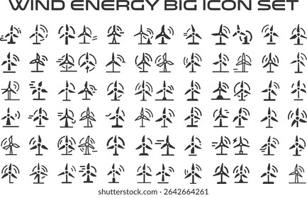 Wind Energy Big Icon Set.eps collection, sketches, logo illustrations, web symbols, outline style pictograms package isolated on white background. Vector graphics. stock illustration