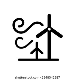 Wind energy black glyph icon. Renewable power sources. Eco friendly industry development. Clean technology. Silhouette symbol on white space. Solid pictogram. Vector isolated illustration