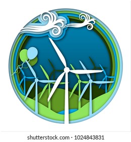 Wind energy concept with wind generator turbines and ballooons on green and blue landscape background. Kinds of energy, part 5. Science for kids. Paper cut style vector illustration.