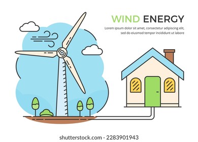 Wind energy concept - house connected with wind turbine, line style, vector eps10 illustration