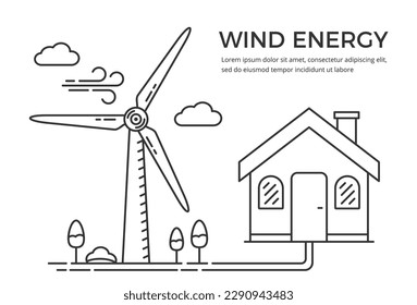 Wind energy concept - house connected with wind turbine, line style, vector eps10 illustration