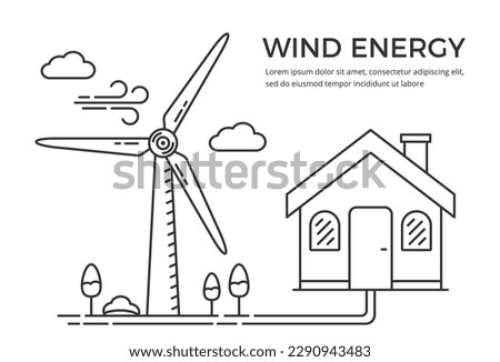 Wind energy concept - house connected with wind turbine, line style, vector eps10 illustration