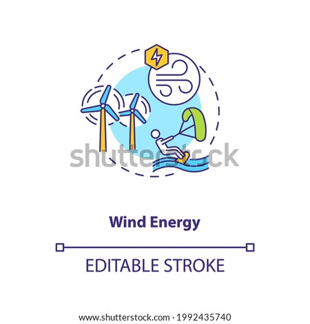 Wind energy concept icon. Power of wind turning blades of turbine idea thin line illustration. Electric generator and produces electricity. Vector isolated outline RGB color drawing. Editable stroke