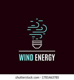 Plantilla de logotipo de concepto de energía eólica, diseño de iconos. Energía renovable, energía eólica, concepto de energía verde. Ilustración de la línea de estilo plana sobre fondo oscuro.