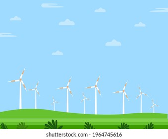 Wind energy concept windmill electricity production on open green field blue sky 