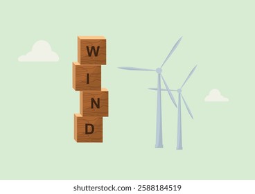 Wind Energy Concept With Wooden Blocks Illustration. wooden letter blocks spelling "WIND" beside wind turbines. Flat style. Wind energy. Vector illustration