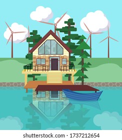 Wind energy concept.Lake house flat illustration.Cottage in forest with windmills. Eco life concept and resource saving.Environmental protection.