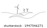 Wind energy in continuous line art drawing style. Hilly landscape with wind turbines producing electricity. Renewable source of power. Black linear design isolated on white background