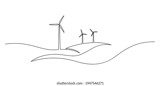 Wind energy in continuous line art drawing style  Hilly landscape and wind turbines producing electricity  Renewable source power  Black linear design isolated white background