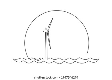 Wind energy in continuous line art drawing style. Offshore wind turbine against big sunset sun. Renewable source of power. Black linear design isolated on white background. Vector illustration
