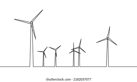 Wind energy in continuous line art drawing style. Hilly landscape with wind turbines producing electricity. Renewable source of power. Black linear design isolated on white background