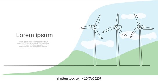 Wind energy in continuous line art drawing style.  Wind turbines producing electricity. Renewable source of power. Black linear design isolated on white background