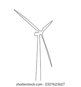 Wind energy in continuous line art drawing style. Turbines producing electricity. Renewable source of power. Black linear design isolated on white background