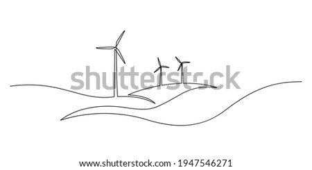 Wind energy in continuous line art drawing style. Hilly landscape with wind turbines producing electricity. Renewable source of power. Black linear design isolated on white background