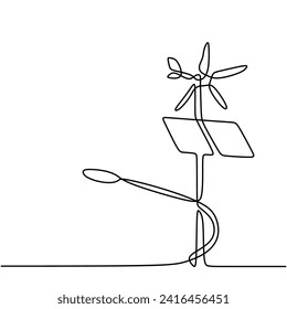 Wind energy in continuous one line art drawing. Windmill generator for electricity power.