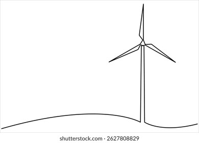  Wind energy in continuous one line art drawing hilly landscape with wind turbines producing electricity. Renewable source of power single line vector illustration