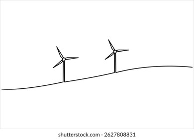 Wind energy in continuous one line art drawing hilly landscape with wind turbines producing electricity. Renewable source of power single line vector illustration